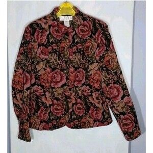 Vintage 90s Floral Jacquard Blazer Women’s 8 Boho Cottagecore Cropped Jacket